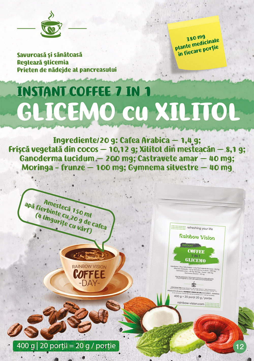 Instant Coffee 7in1 cu Xilitol - Glicemo - 400g - 20 portii